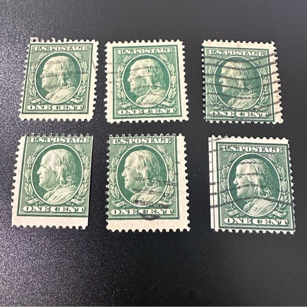 Vintage 1 Cent Benjamin Franklin Stamps Lot of 6 |Early 1900s Green U.S. Postage